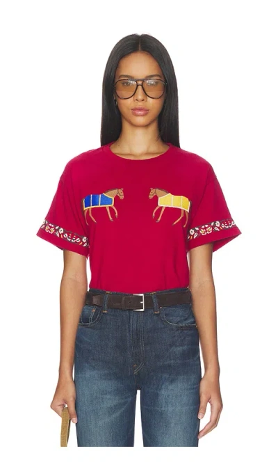 Found Embroidered Horse Equine Tee In Red