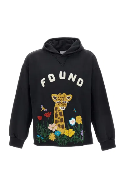 Found Embroidered Wildlife French Terry Cotton Hoodie In Black