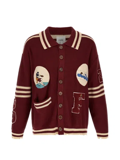 Found Fin Varsity Patch Cardigan In Burgundy