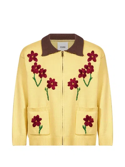 Found Floral-embroidered Zip-up Cardigan In Yellow