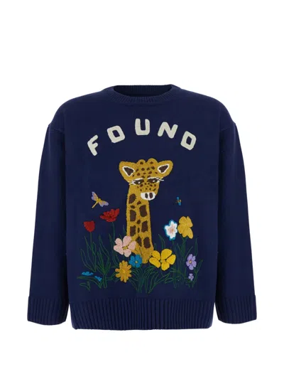 Found Giraffe-patch Intarsia-knit Sweater In Blue