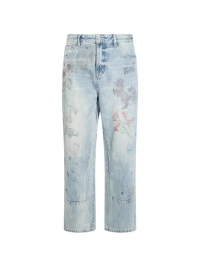 Found Hand Art Graphic-print Panelled Jeans In Blue
