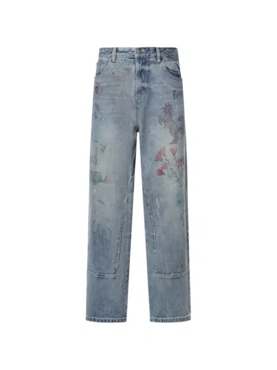 Found Hand Art Graphic-print Panelled Jeans In Blue