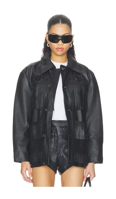 Found Hand Embroidered Leather Fringe Jacket In Black