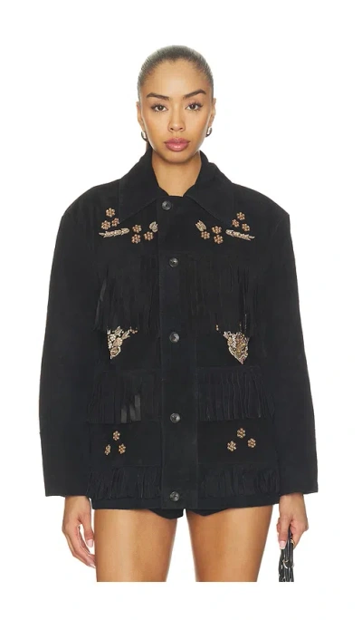 Found Hand Embroidered Suede Western Fringe Jacket In Black