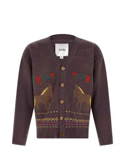 Found Knitted Cardigan With Playful Horse Motif In Brown