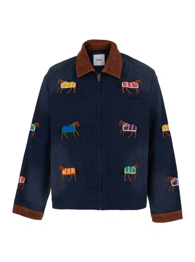 Found Lariat Horse Embroidered Work Jacket With Classic Collar And Side Pockets In Blue