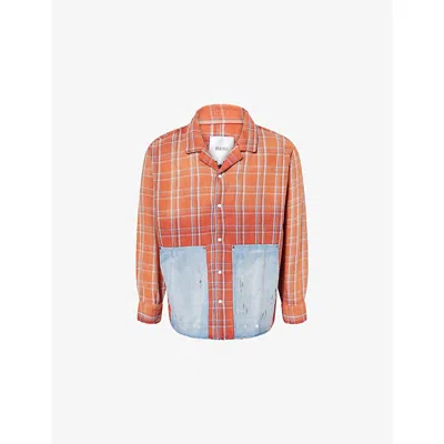 Found Mens Burned Orange Plaid Patch-pocket Denim Shirt