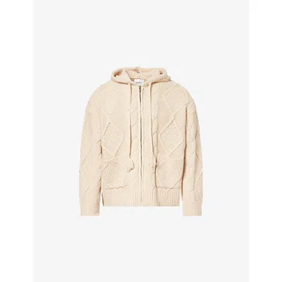 Found Mens Cream Zip-up Cable-knit Cotton-blend Hoody In Neutral