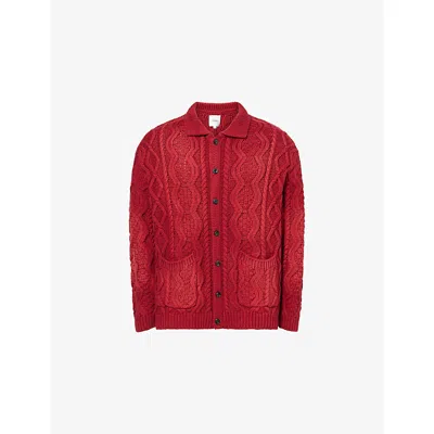 Found Mens Red Cable-knit Cotton-blend Cardigan Xl