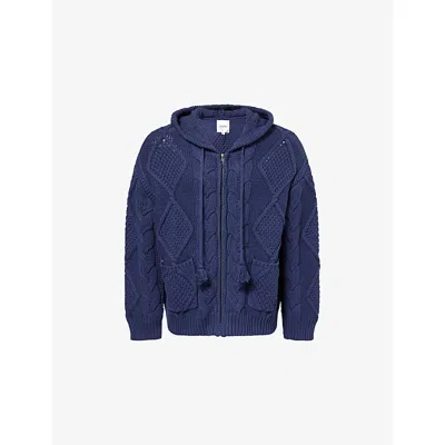 Found Mens Navy Cable-knit Zip-through Cotton-blend Hoody In Blue