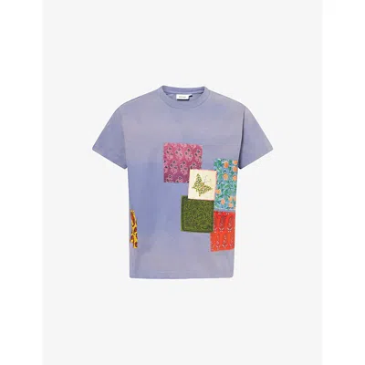 Found Mens Washed Indigo Tapestry Patchwork Cotton-jersey T-shirt In Blue