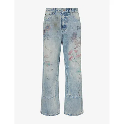 Found Mens Hand Art Relaxed-fit Denim Jeans Light Vintage Blue