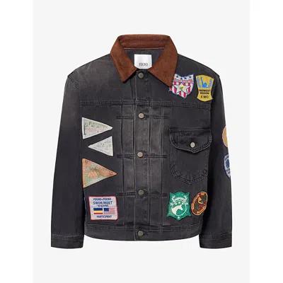 Found Mens Patchwork Corduroy-collar Denim Jacket Black Xl