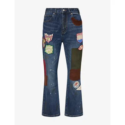 Found Mens Patchwork-embroidered Denim Jeans Vintage Blue