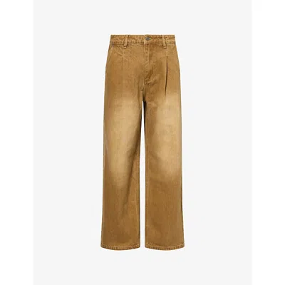 Found Mens Pleated Wide-leg Demin Jeans Beige In Brown