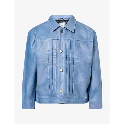 Found Mens Trucker Pleats Leather Jacket Light Blue