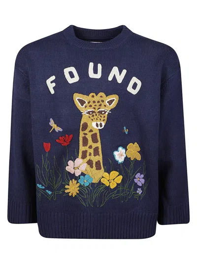Found Navy Blue Wildlife Giraffe Embroidered Acrylic-blend Sweater
