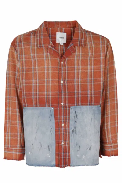 Found Orange Plaid Denim Patchwork Cotton Shirt In Brown