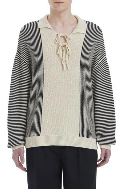 Found Oversize Stripe Johnny Collar Cotton Sweater In Cream