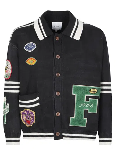Found Varsity Patch Button-up Cotton Cardigan In Black