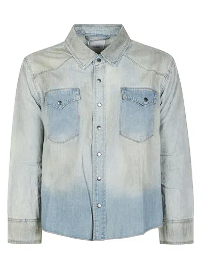 Found Western Faded Gradient Denim Suede Patches Casual Shirt In Blue