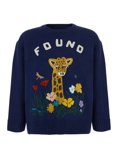 Found Wildlife Knit Sweater With Round Neck And Long Sleeves In Blue