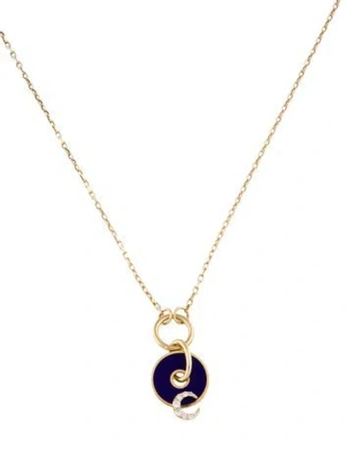 Pre-owned Foundrae 18k Diamond & Enamel Crescent Disc Necklace, 16" In Blue