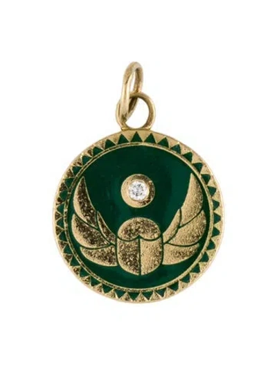 Pre-owned Foundrae 18k Diamond Protection Champleve Medallion Baby Pendant, 0.75" In Green