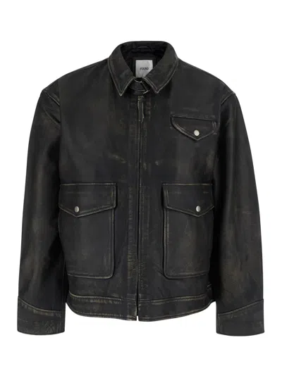 Found Ry Men's Leather Jacket With Classic Collar, Halfbelt & Zip Front In Black