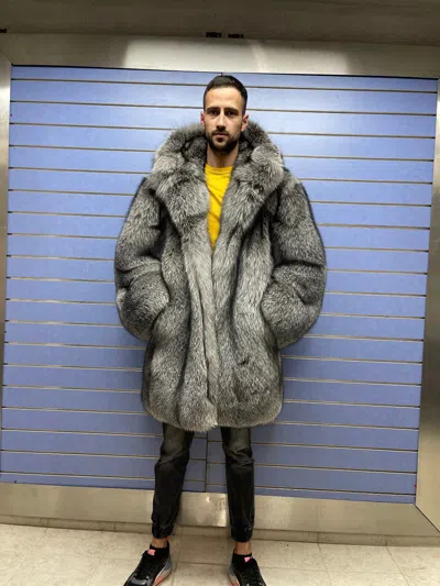 Pre-owned Fox Luxury Full Skin Frost  Fur Mens Coat Real Fur Coat Skin To Skin Frost Hood In Silver