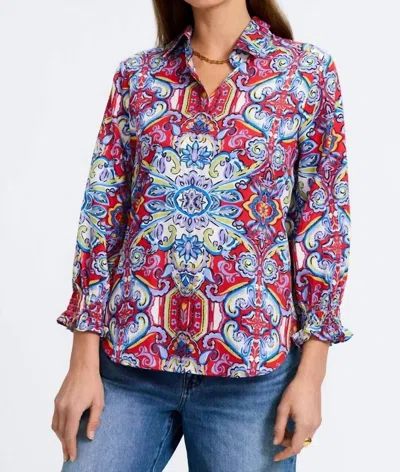 Foxcroft 3/4 Sleeve Blouse In Multi Colored Print In Pink