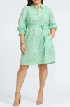 Foxcroft Abby Belted Linen Blend Shirtdress In New Leaf/white