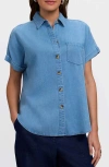 Foxcroft Abigail Short Sleeve Denim Button-up Shirt In Blue
