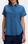 Foxcroft Abigail Short Sleeve Denim Button-up Shirt In Blue
