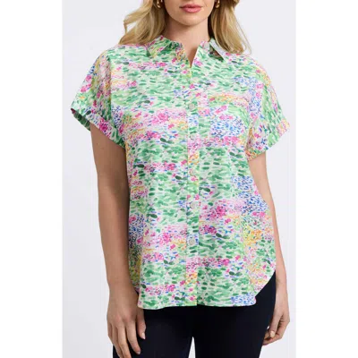Foxcroft Abigail Short Sleeve Linen Blend Button-up Shirt In Multi