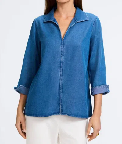 Foxcroft Agnes 3/4 Sleeve Denim Popover Top In Medium Wash In Multi