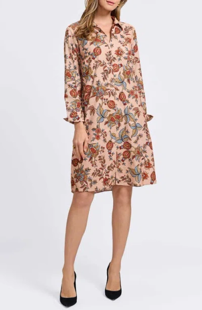 Foxcroft Agnes Autumn Leaf Print Long Sleeve Corduroy Belted Dress In Multi