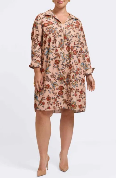 Foxcroft Agnes Autumn Leaf Print Long Sleeve Corduroy Belted Dress In Multi