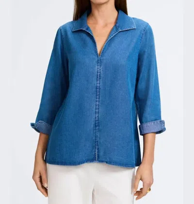 Foxcroft Agnes Chambray Popover Top In Medium Wash In Blue