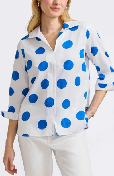 Foxcroft Agnes Dot Print Three-quarter Sleeve Cotton Popover Top In White/blue