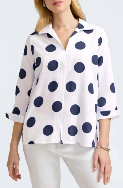 Foxcroft Agnes Polka Dot Cotton Popover Top In White/navy