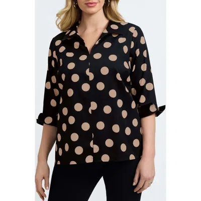 Foxcroft Agnes Dot Print Three-quarter Sleeve Popover Top In Black