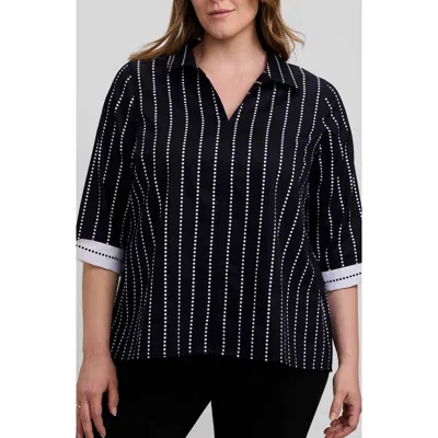 Foxcroft Agnes Dot Stripe Three-quarter Sleeve Cotton Popover Top In Black