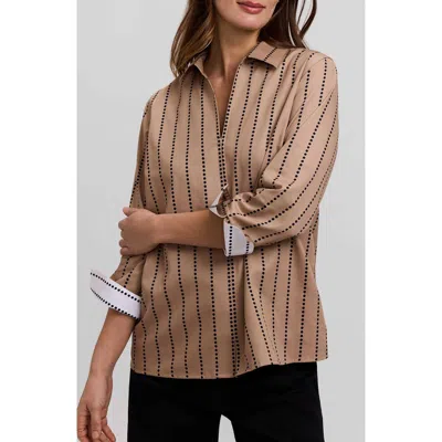 Foxcroft Agnes Dot Stripe Three-quarter Sleeve Cotton Popover Top In Brown