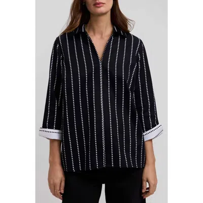 Foxcroft Agnes Dot Stripe Three-quarter Sleeve Cotton Popover Top In Multi