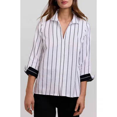 Foxcroft Agnes Dot Stripe Three-quarter Sleeve Cotton Popover Top In Multi