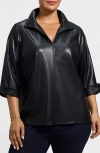 Foxcroft Agnes Faux Leather Long Sleeve Popover Top In Blue