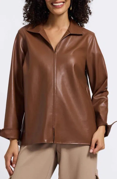 Foxcroft Agnes Faux Leather Long Sleeve Popover Top In Brown