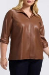 Foxcroft Agnes Faux Leather Long Sleeve Popover Top In Brown
